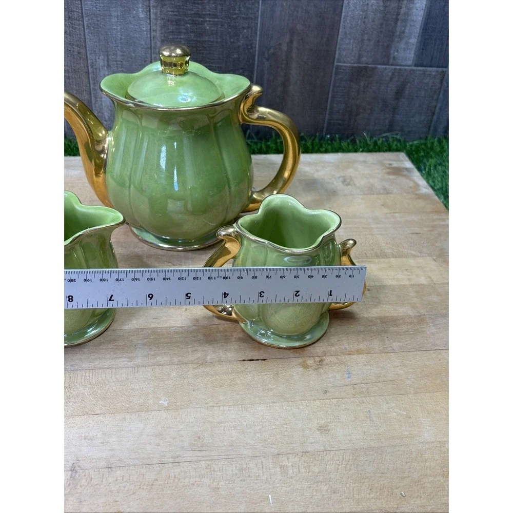 Vintage Pearl China Lime Green Lusterware Tea Set 22K Gold Teapot Creamer Sugar